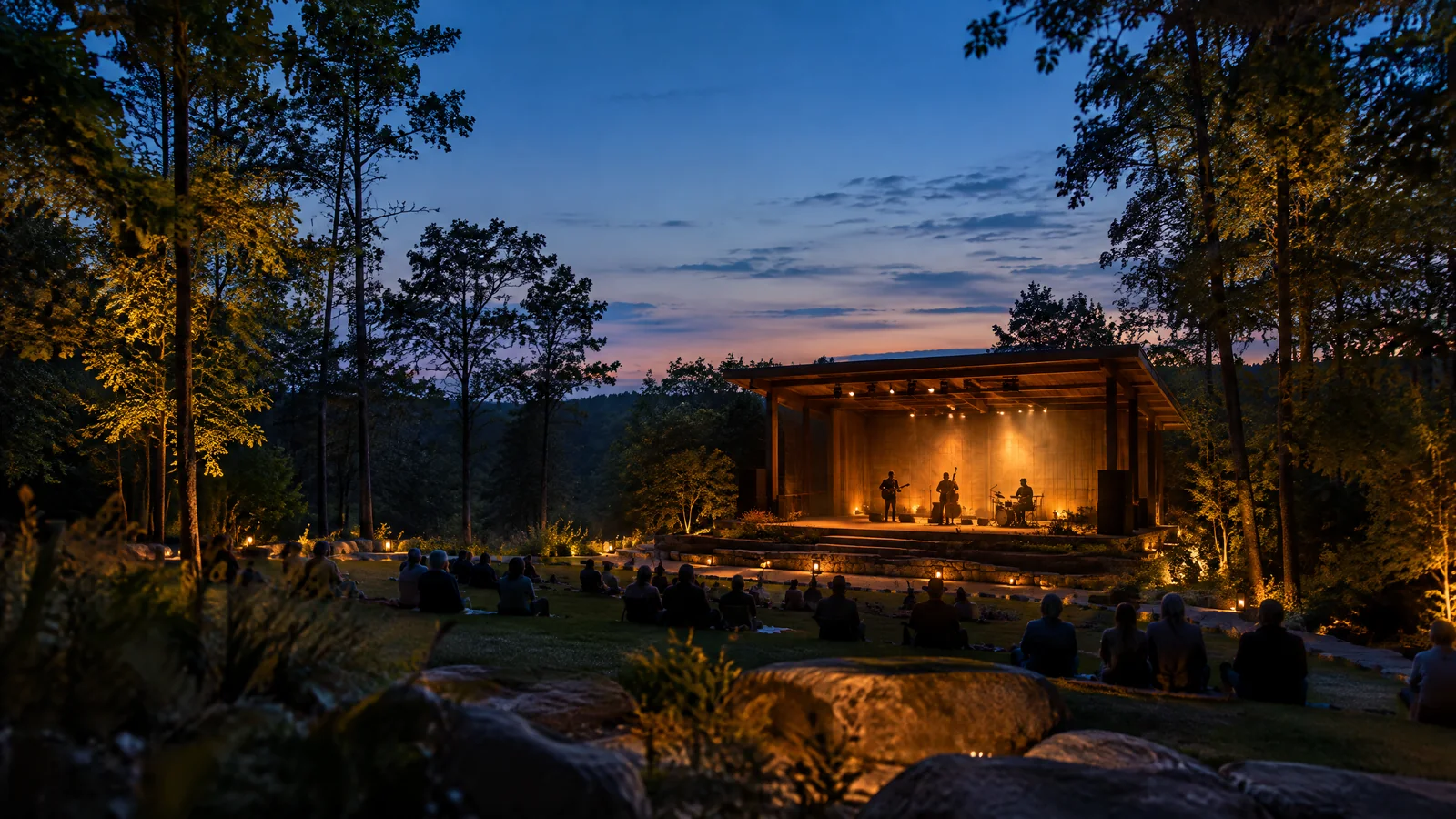 Original outdoor music performance in a wooded amphitheater used as representative context