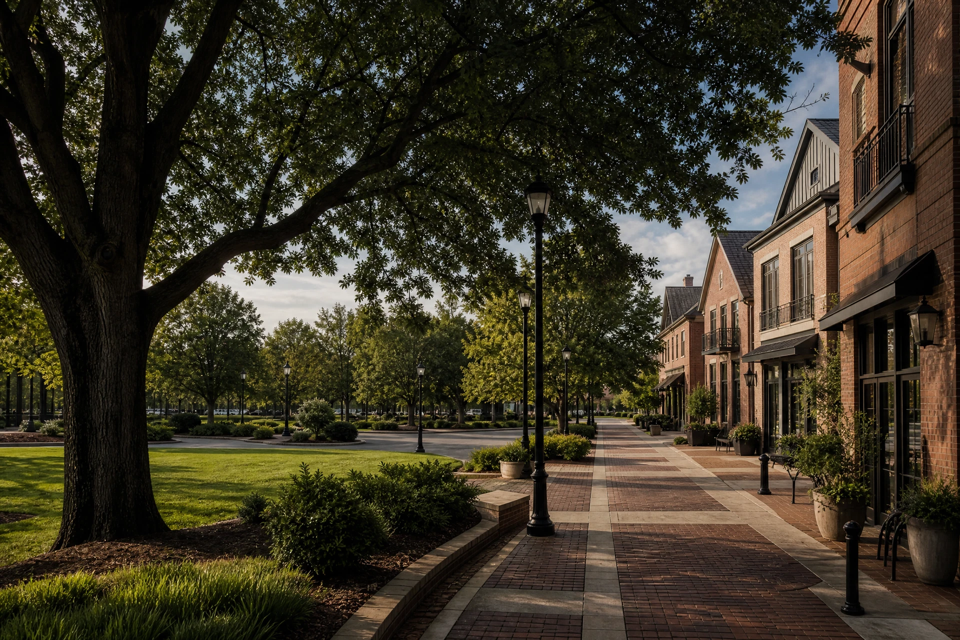 Fayetteville civic and residential setting with brick-accented walkability, green space, and evolving local character