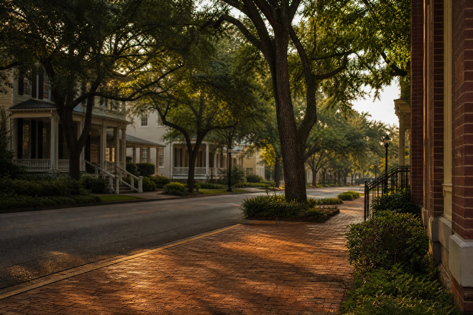 Newnan setting with historic streetscape, brick sidewalk, mature trees, and established residential character