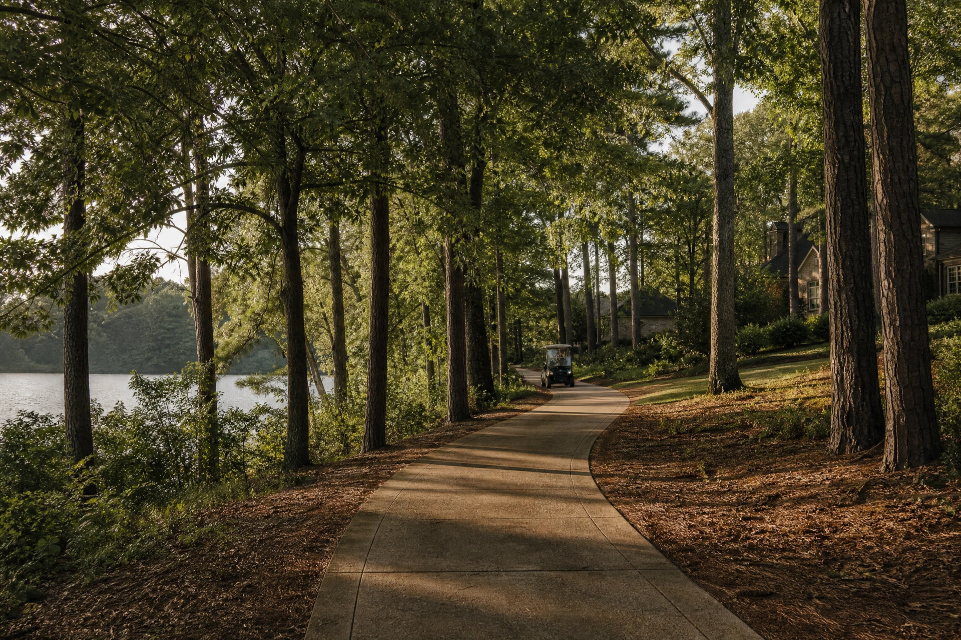 Peachtree City setting with golf-cart path, lake edge, wooded residential character, and outdoor context