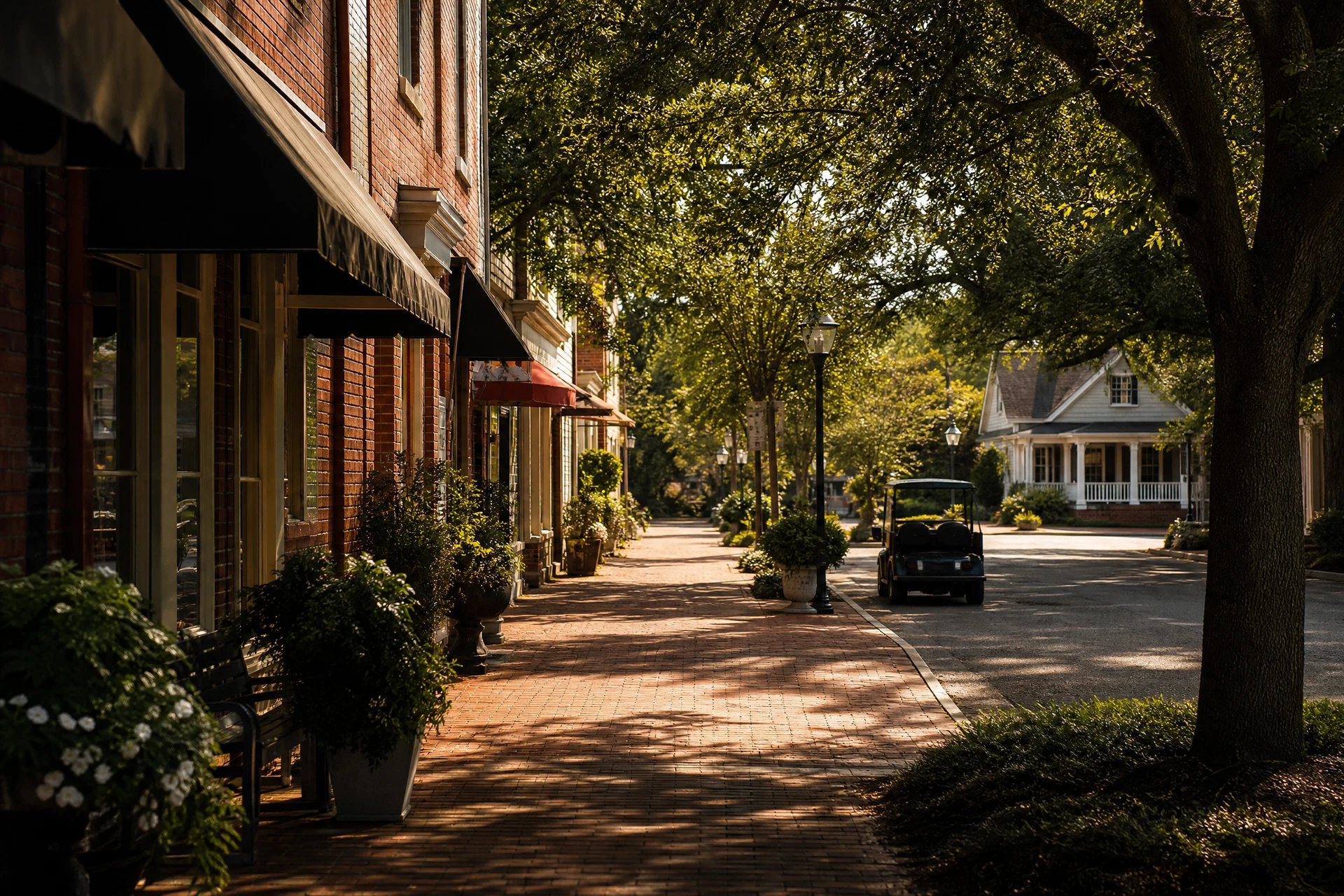 Senoia setting with historic small-town streetscape, porch architecture, storefront character, and mature trees