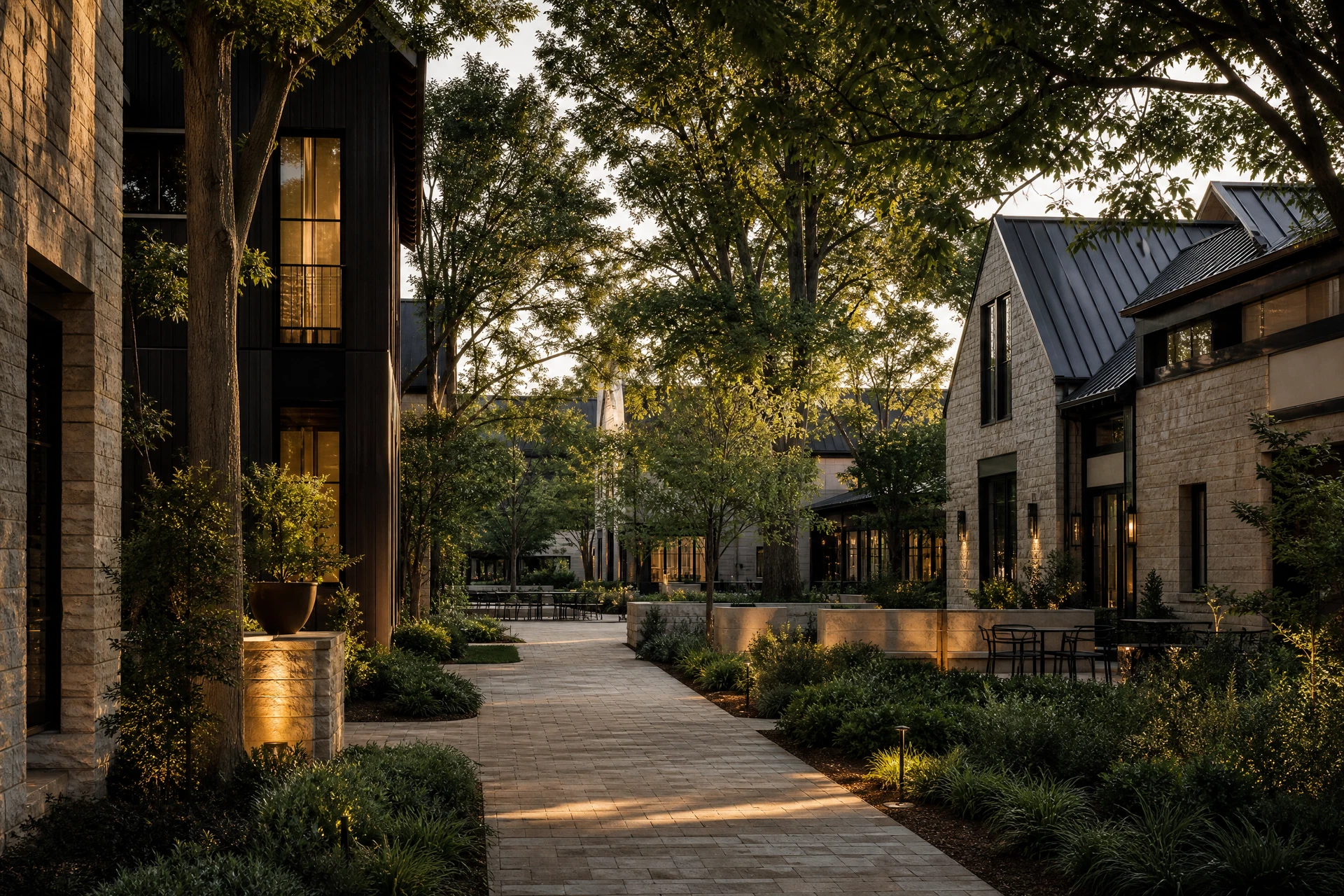 Trilith setting with pedestrian-oriented contemporary architecture, integrated landscaping, and curated public realm
