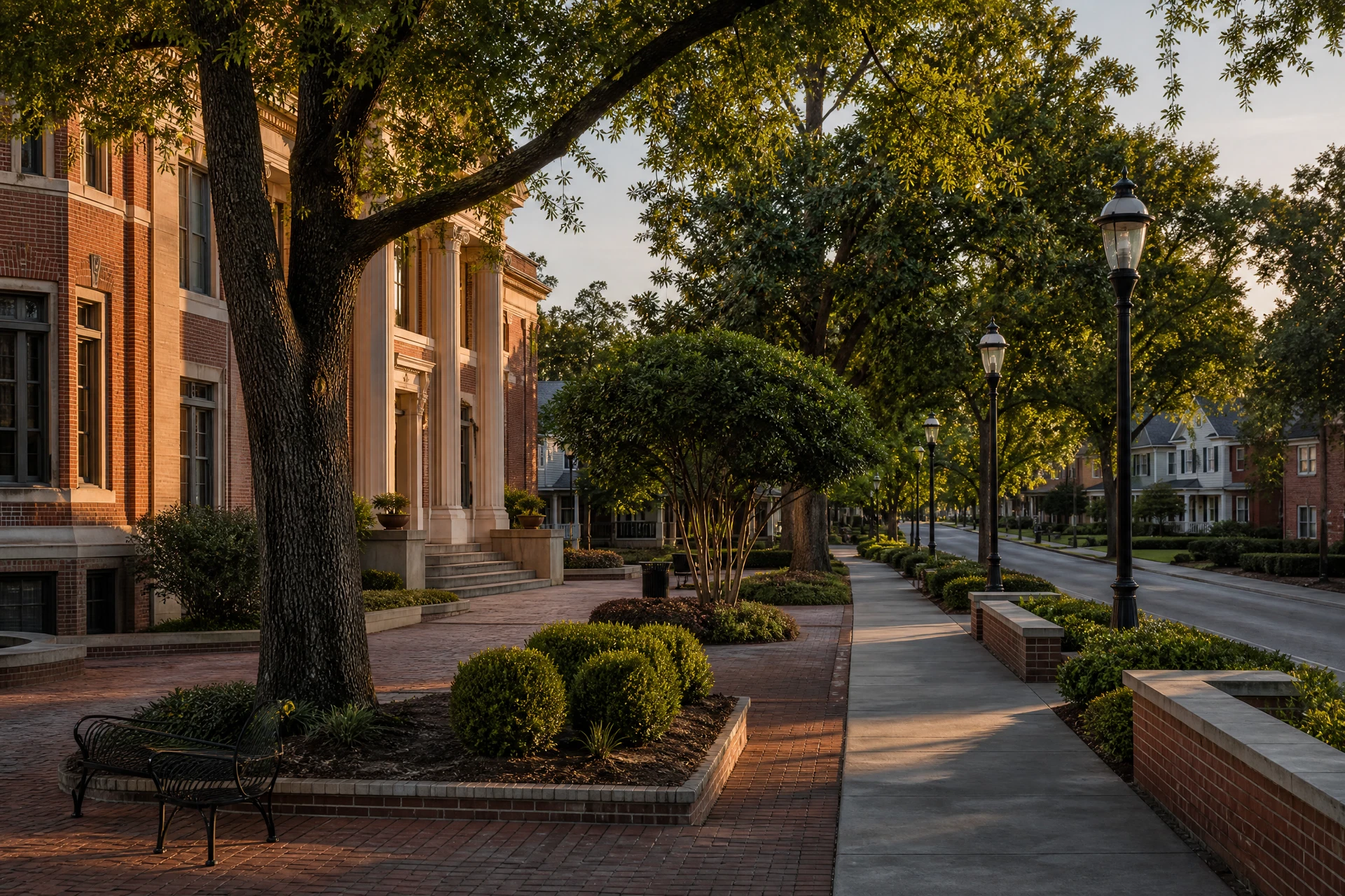 Representative Fayetteville civic-square streetscape with brick architecture and mature trees