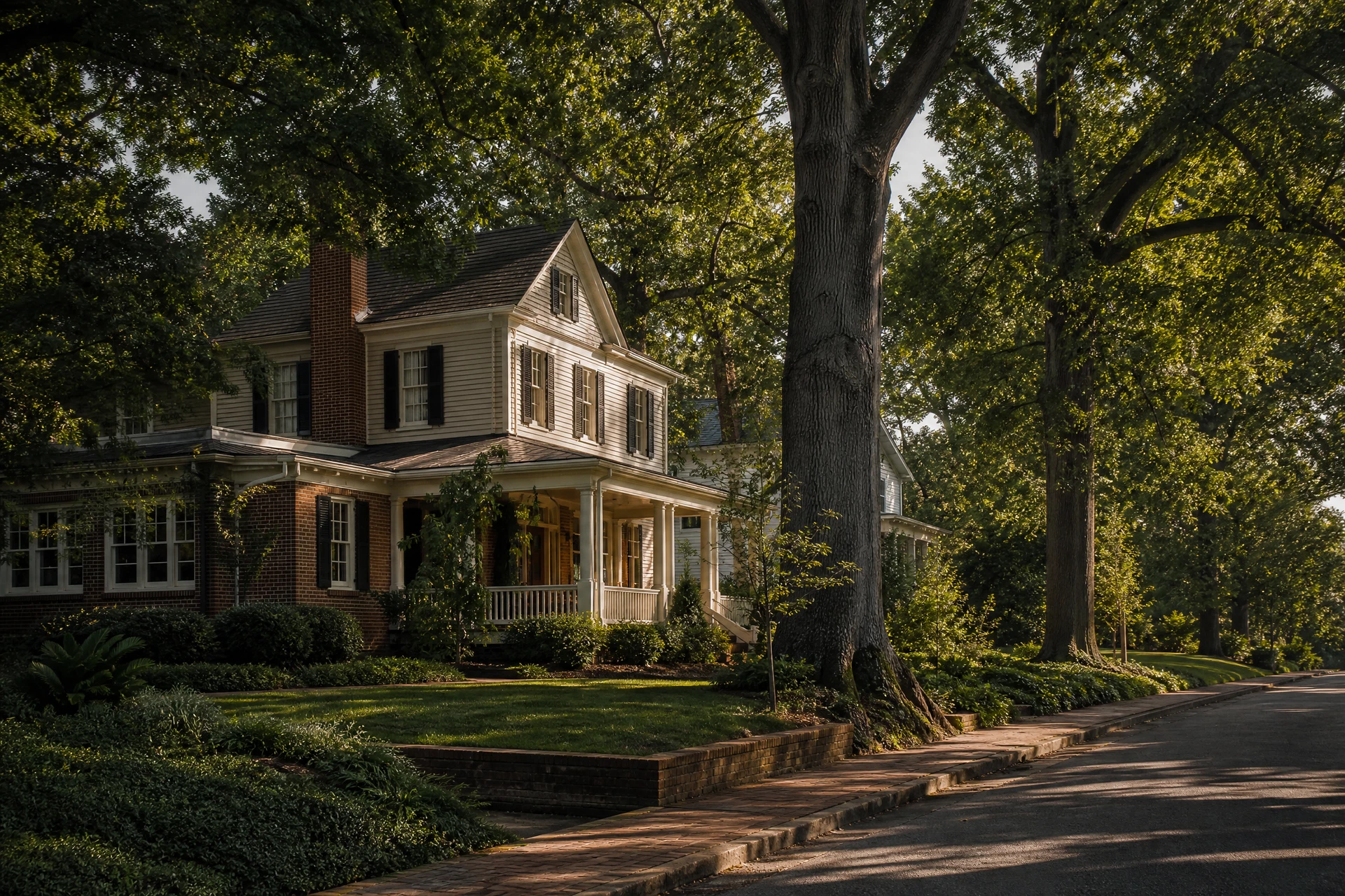 Representative established traditional residence within a mature Newnan-style streetscape