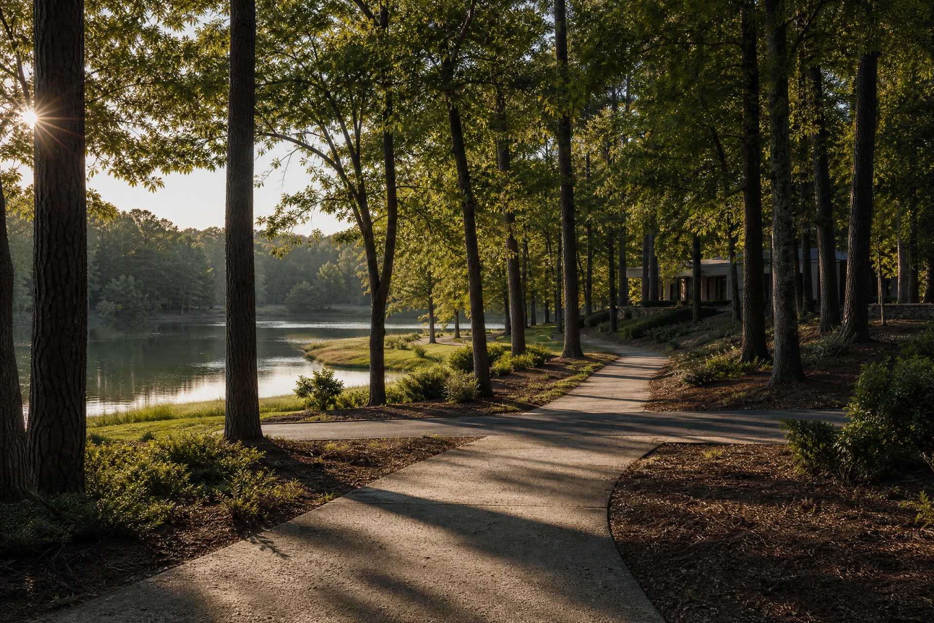 Representative Peachtree City path and water setting with mature tree cover