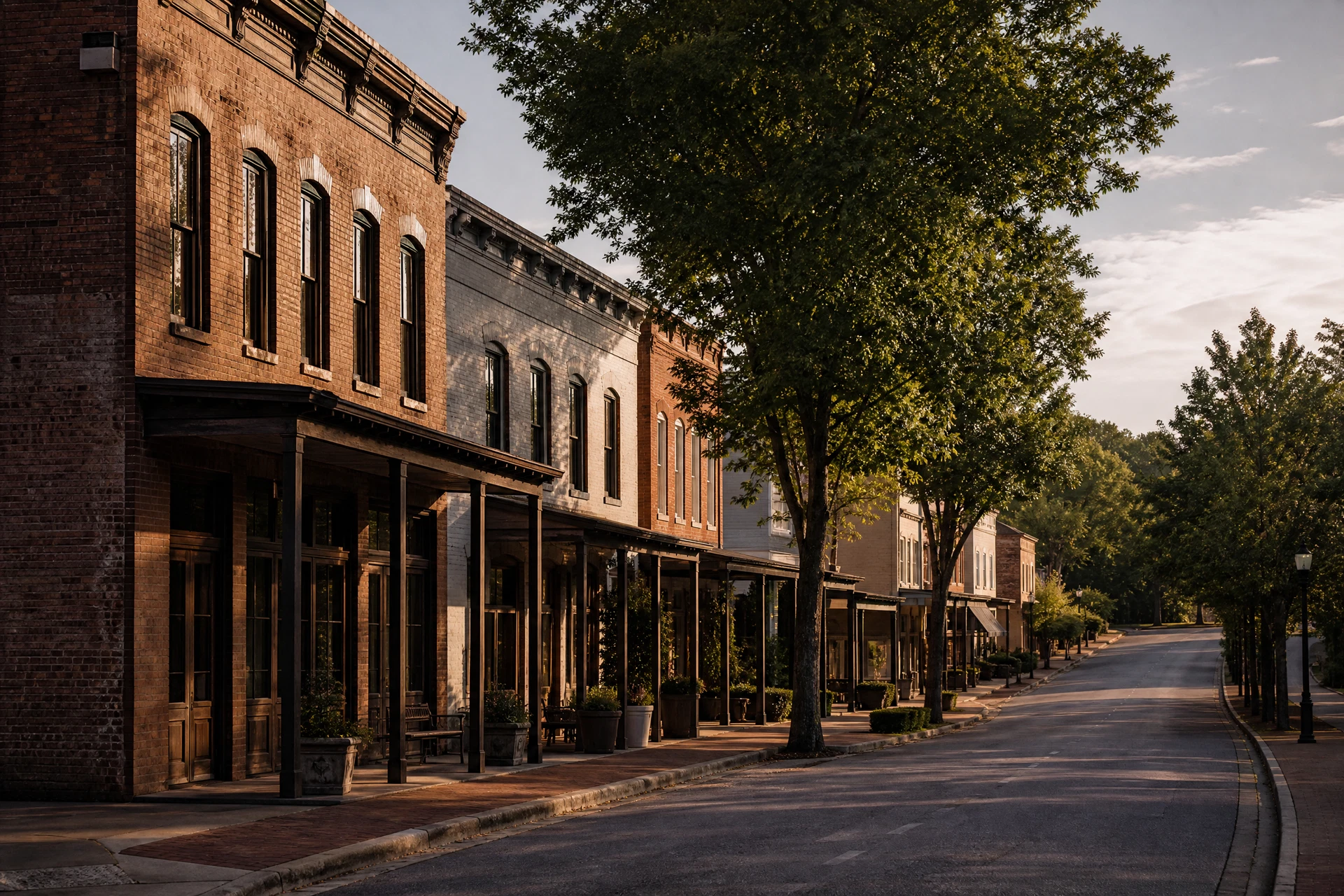 Representative Senoia-style traditional brick main street and porch architecture