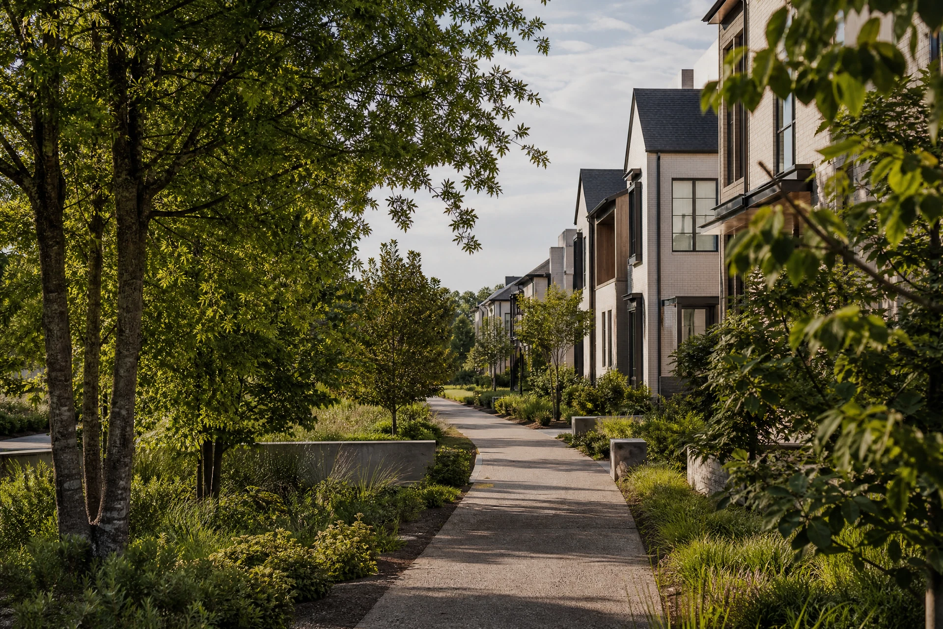Representative contemporary green street reflecting integrated landscape and walkable residential design