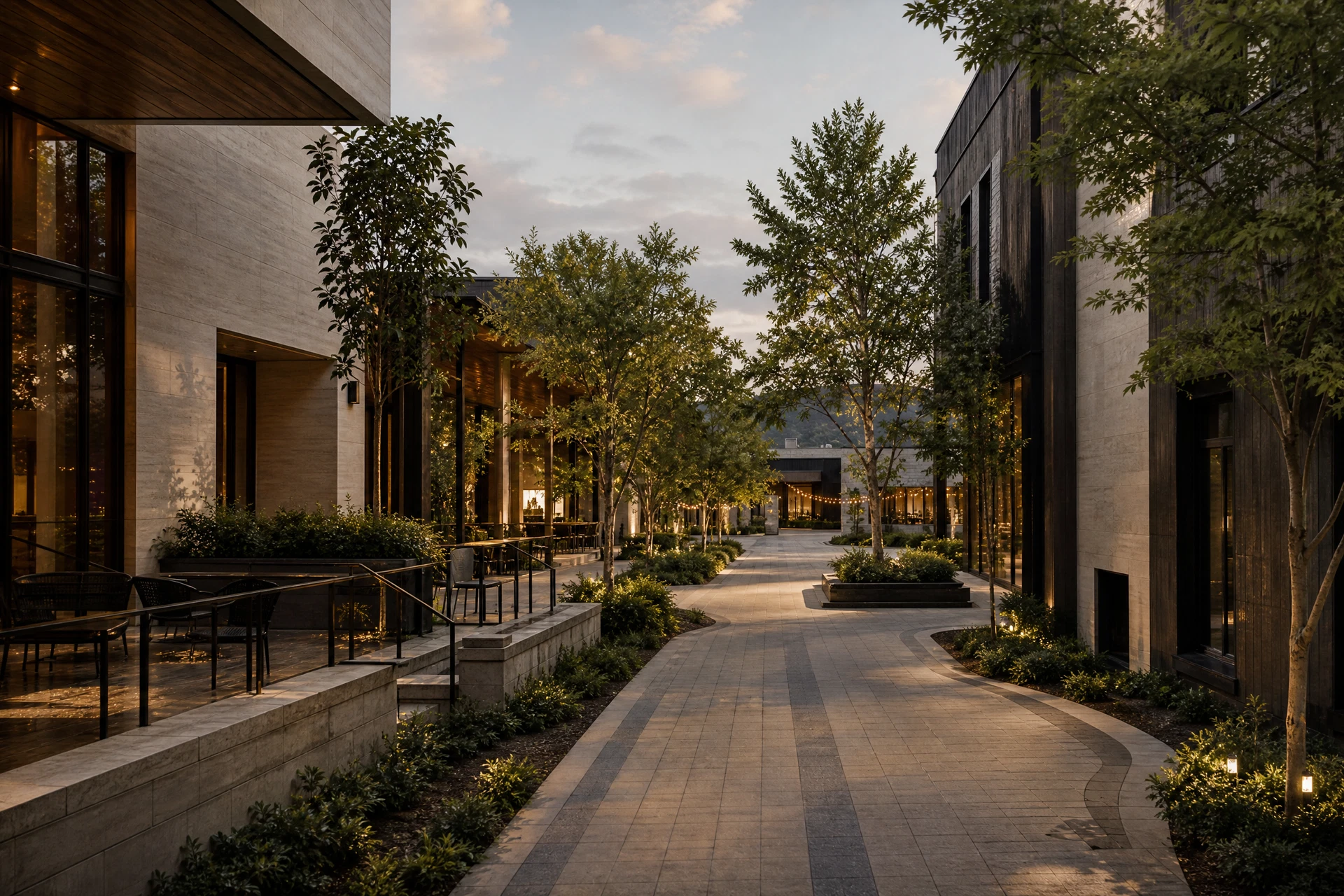 Representative Trilith-style pedestrian public realm with contemporary architecture and integrated planting