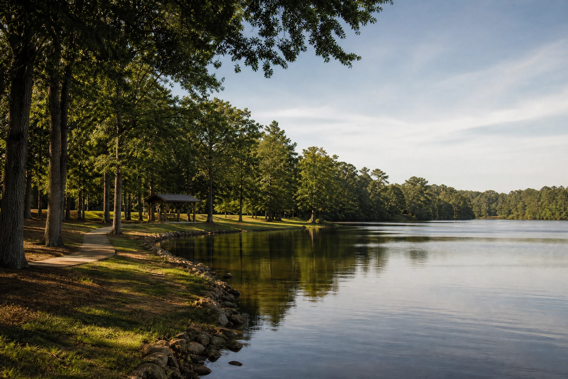 Representative small-town lake and walking-path setting reflecting Tyrone public-park context