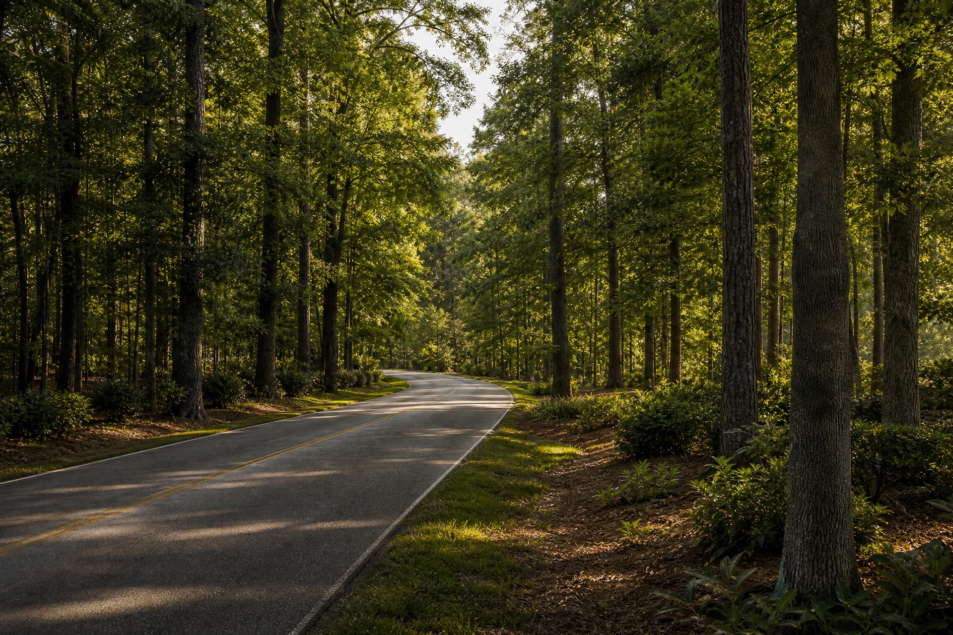 Representative quiet wooded residential road reflecting Tyrone lower-density setting