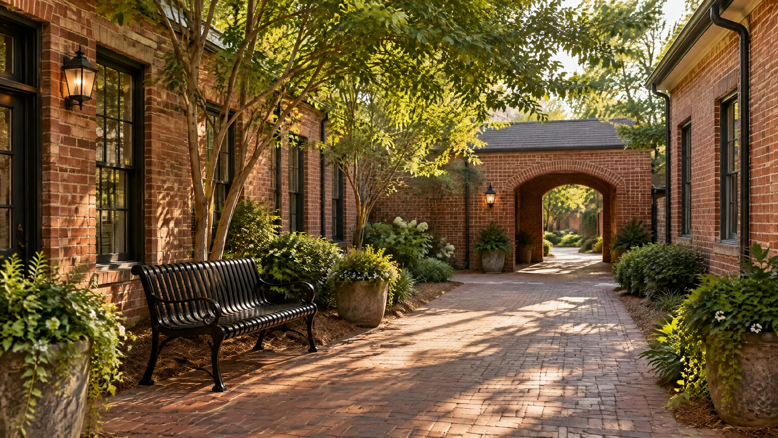 Original brick courtyard and pedestrian passage used as representative Newnan context