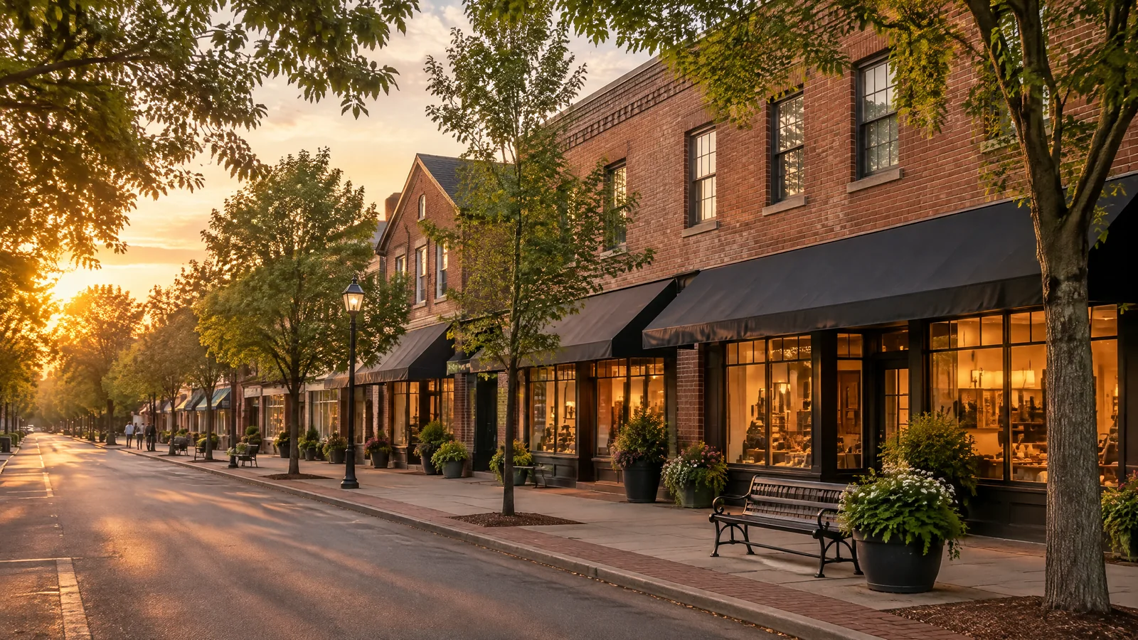 Original tree-lined brick district visual used as representative Newnan context