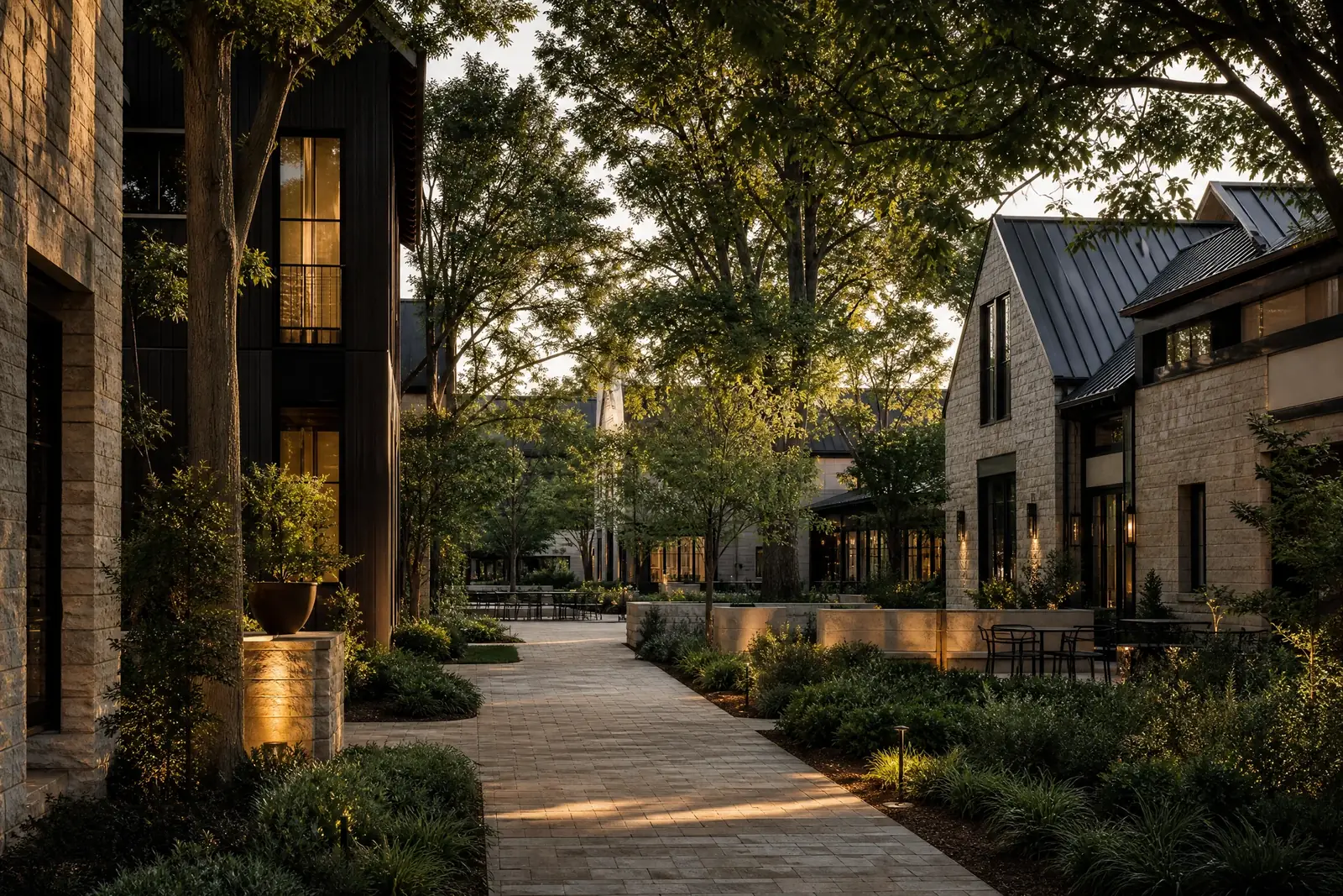 Representative contemporary Fayetteville setting with pedestrian-oriented streetscape and integrated green space